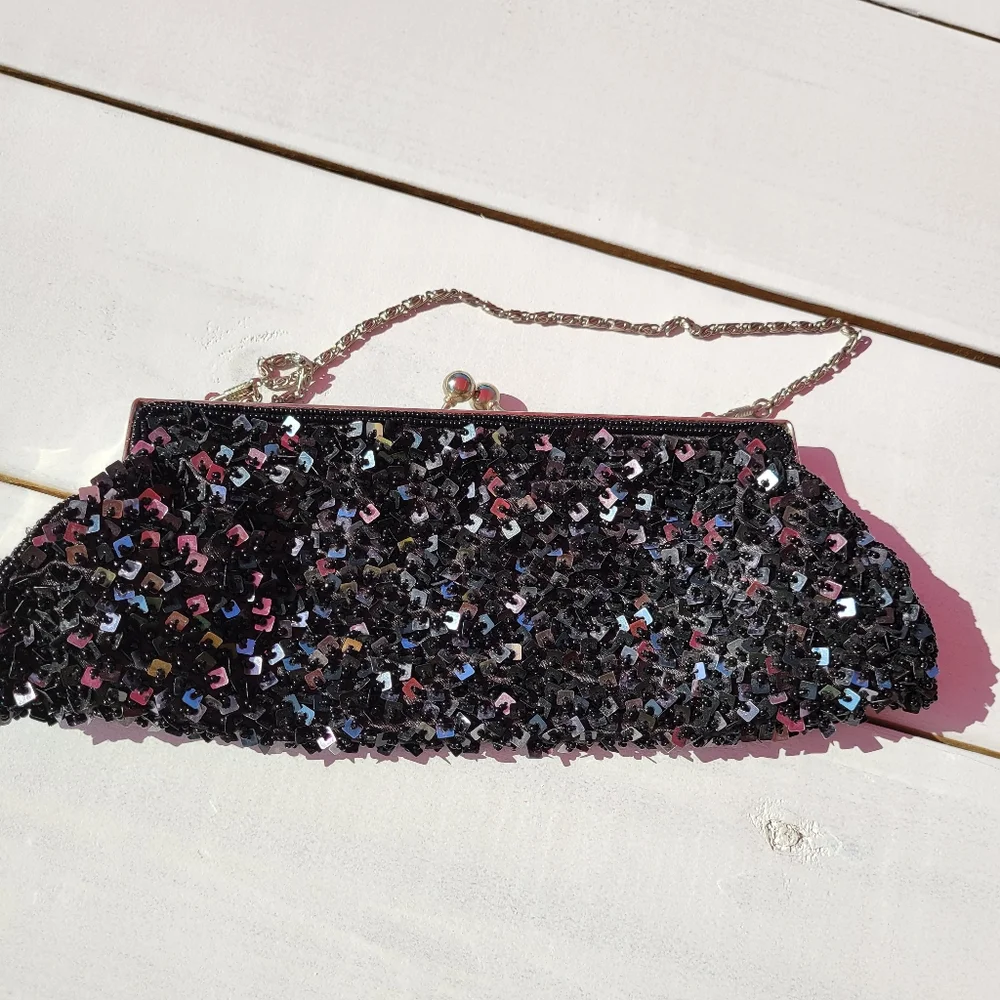 GUC ~ Nicole Lee Black Beaded Bag ~ Sparkly ~ Retro Vibe ~ Very Pretty!